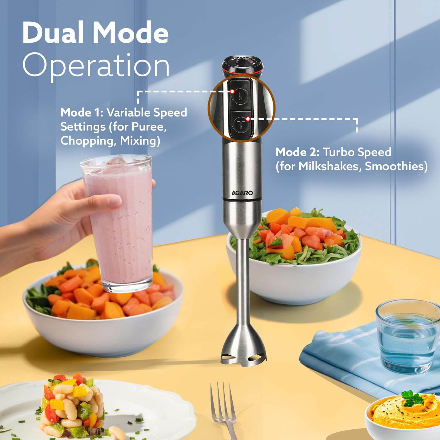 AGARO Grand 1000W Hand Blender Set with Chopper, Beaker & Whisker - Stainless Steel Blades, Speed Regulator (Black)