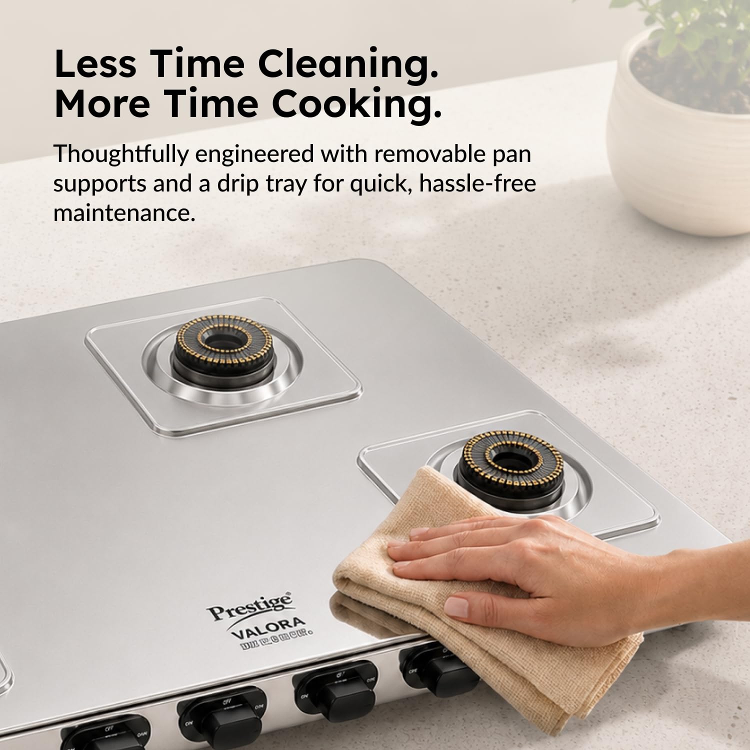 Prestige Valora 04B Stainless Steel Body L.P. Gas Stove 4 Brass Burners Silver|Wind Guard Pan Support|360° Revolving Nozzle|Removable Spill Tray