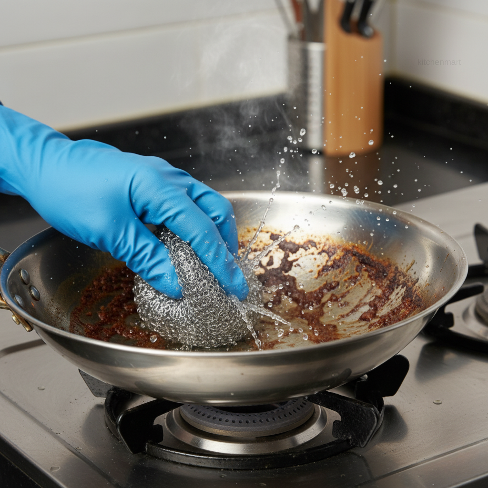Person cleaning a greasy pan with a scrubber on a stove