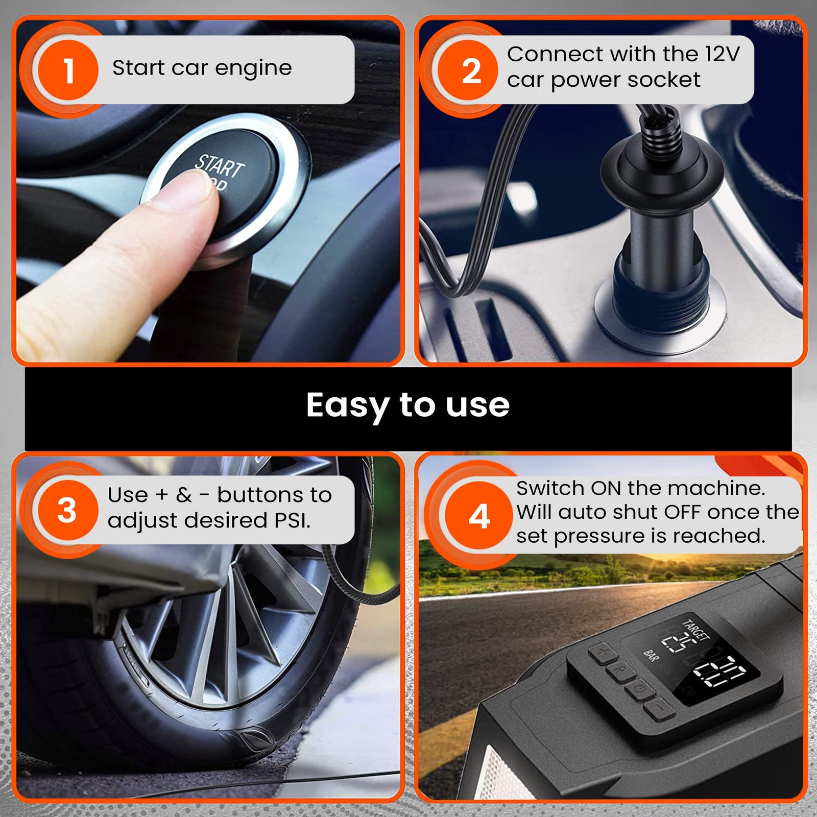 AGARO TI2157 portable tyre inflator with 12V DC car plug and 230V AC home plug