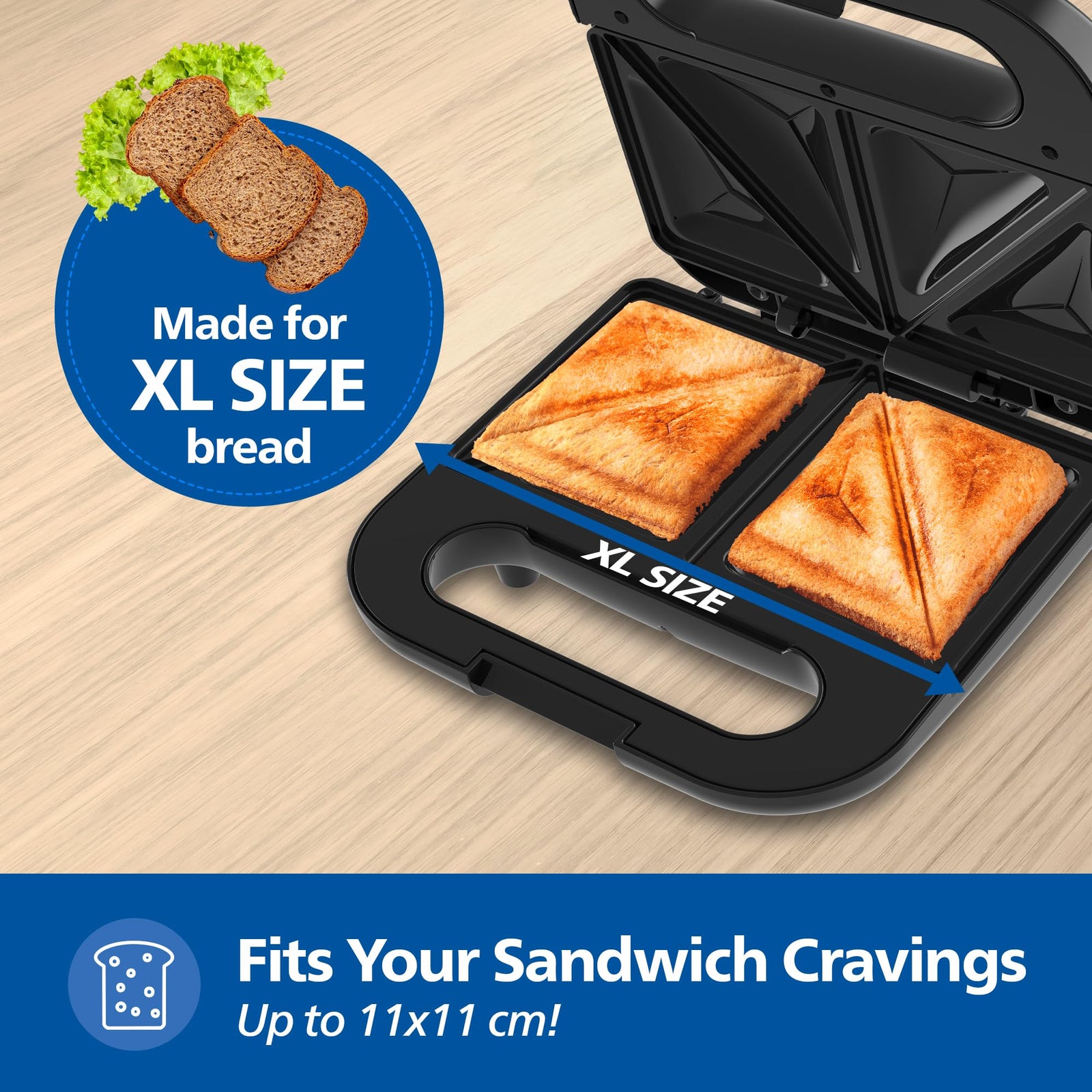 Philips HD3000/80 Sandwich Maker with two golden sealed triangle toasties on the plates