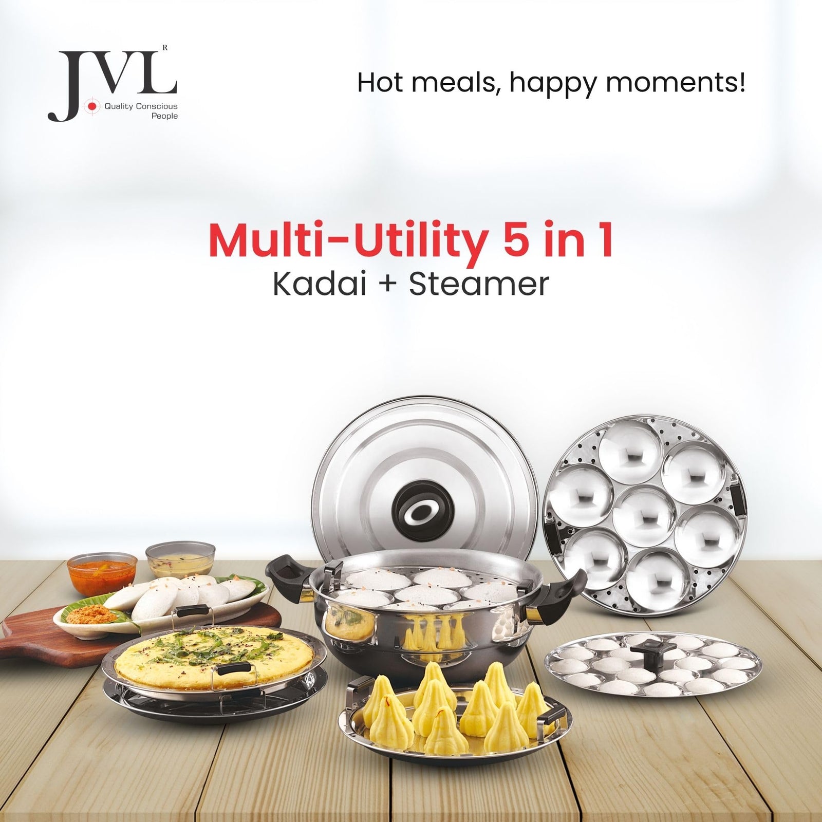 JVL 5-in-1 stainless steel steamer kadai 28cm with lid and 6 plates for idli momos modak dhokla