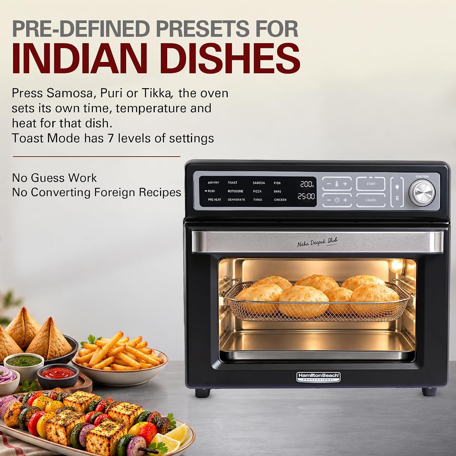 Hamilton Beach air fryer oven presets for Indian dishes samosa, puri and tikka