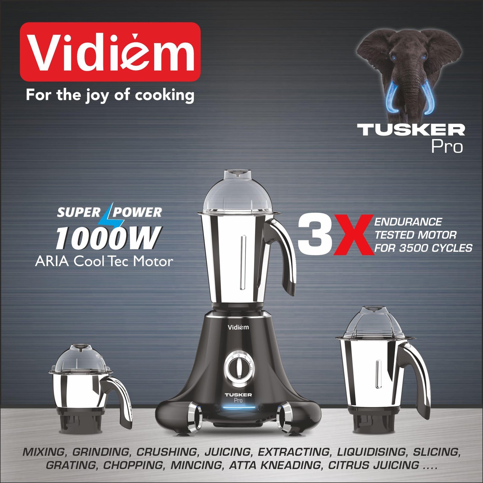 Vidiem Mixer Grinder Tusker Pro 3J | 645A | 1000W | 3 Leakproof Self-Locking Jars | 5-Year Warranty