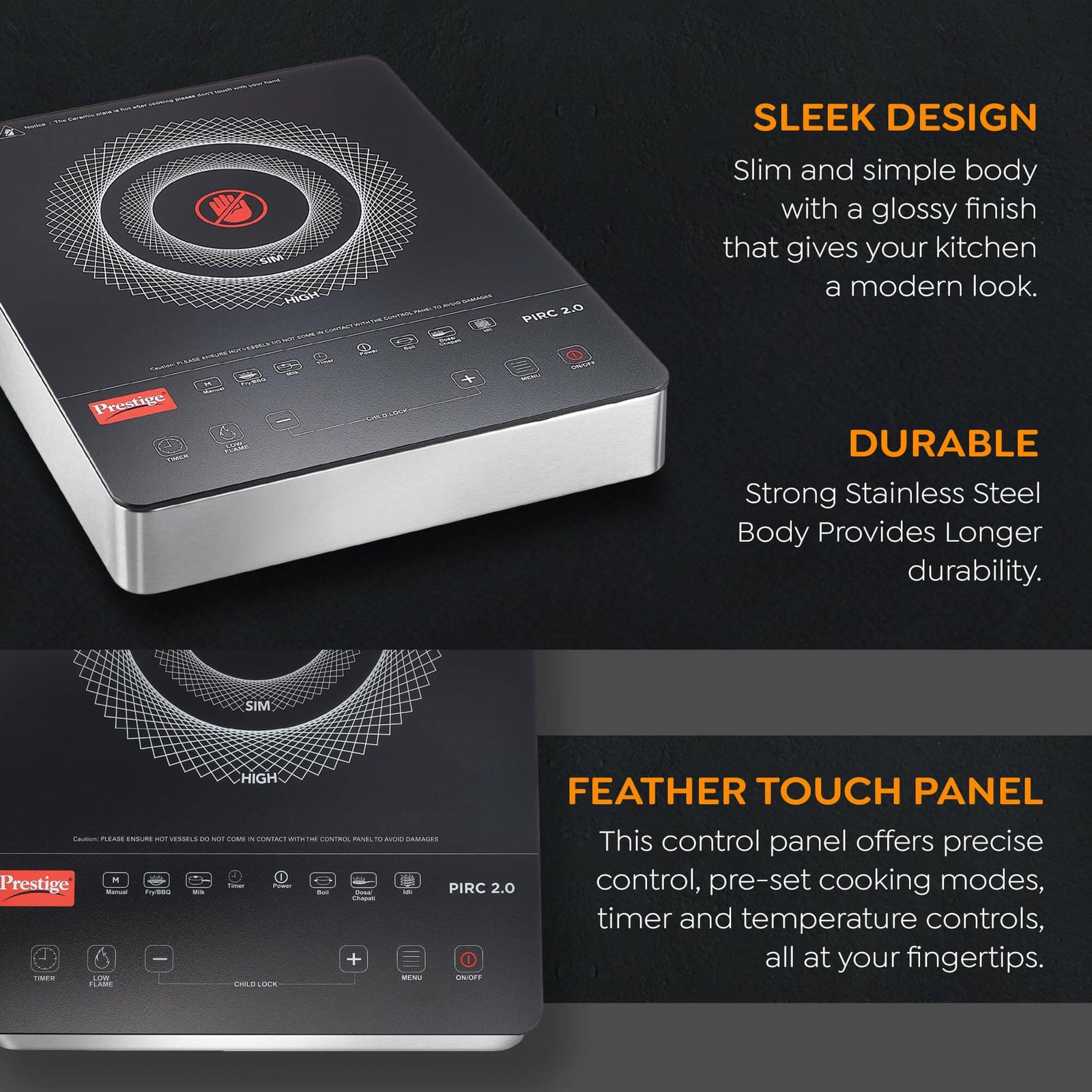 Sleek stainless steel design of Prestige Infrared Cooktops