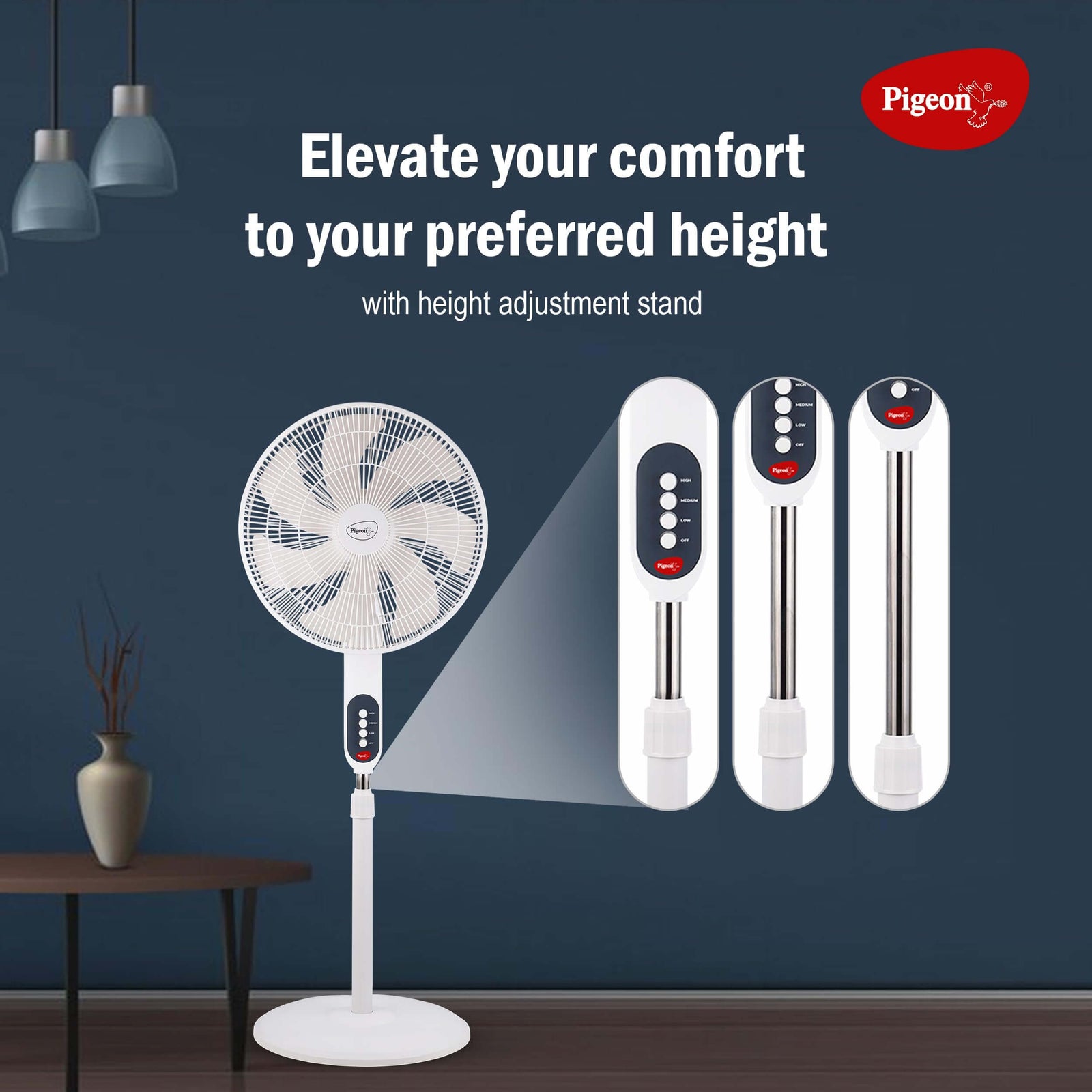 High-performance Pigeon 75W Pedestal Fan with adjustable height and 3 speeds