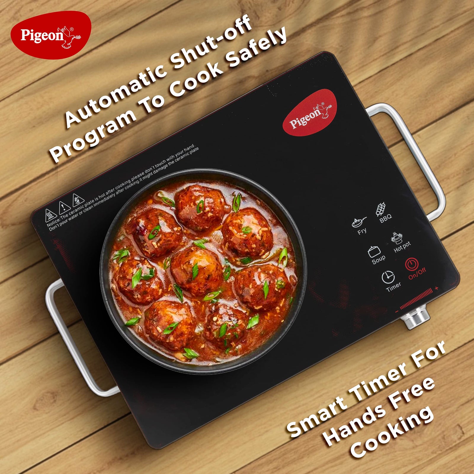 Pigeon Radiant Infrared Cooktop 2200W fast and energy efficient cooking with pressure cooker on blue check tablecloth in Indian kitchen