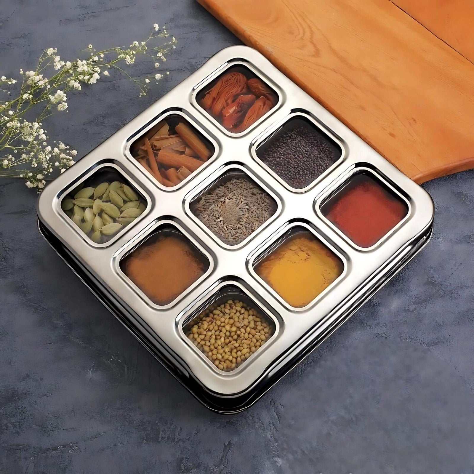 Premium stainless steel spice box with crystal clear lid design