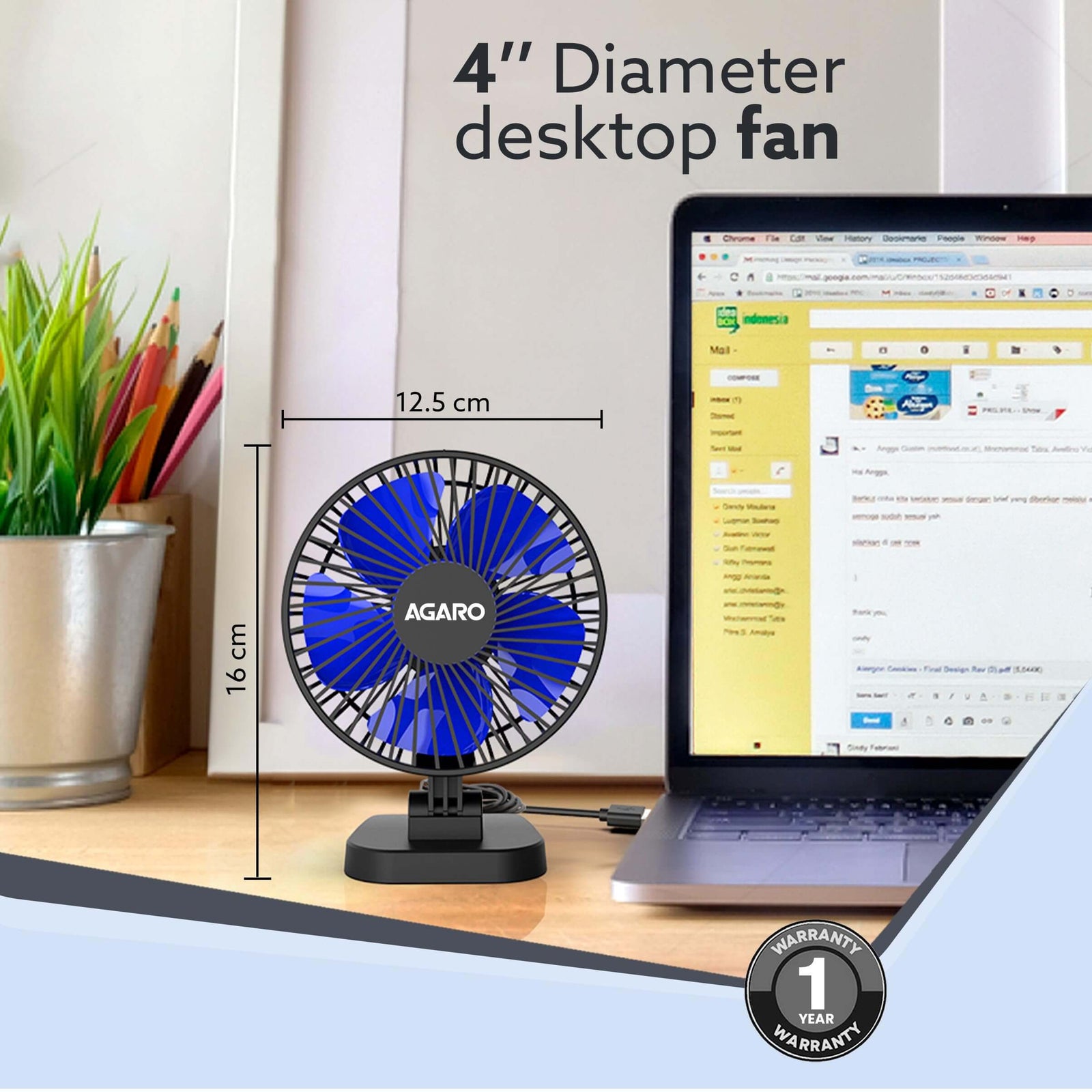 AGARO 4-inch USB desktop fan with blue blades, measuring 12.5 cm, beside a laptop for effective personal cooling.
