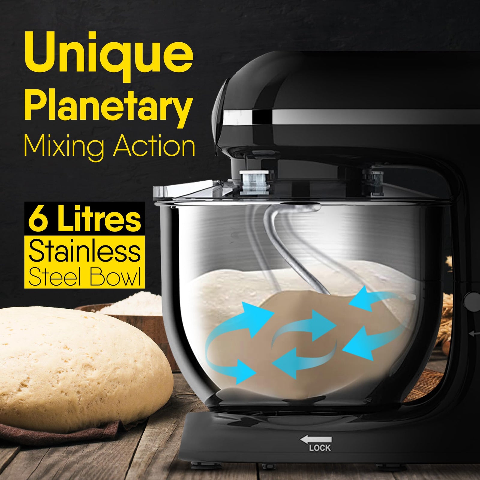 AGARO Regency stand mixer with 6L stainless steel bowl and dough hook