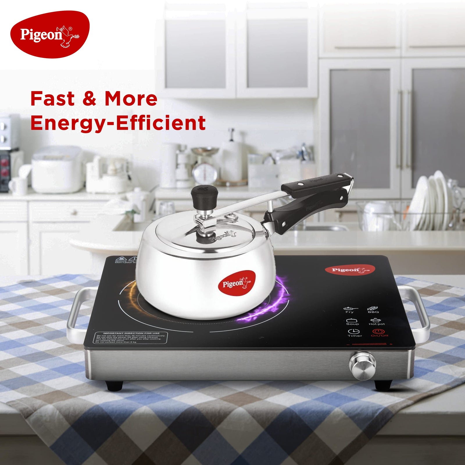 Pigeon Radiant Infrared Cooktop with automatic shut-off program and smart timer for hands-free cooking with curry in pan