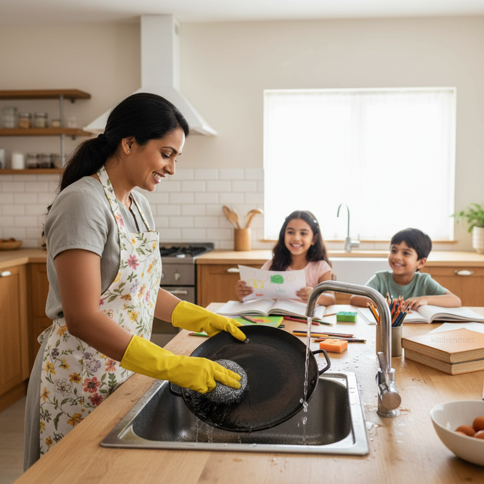 Woman washing a pan in a kitchen with children sitting at the counter.