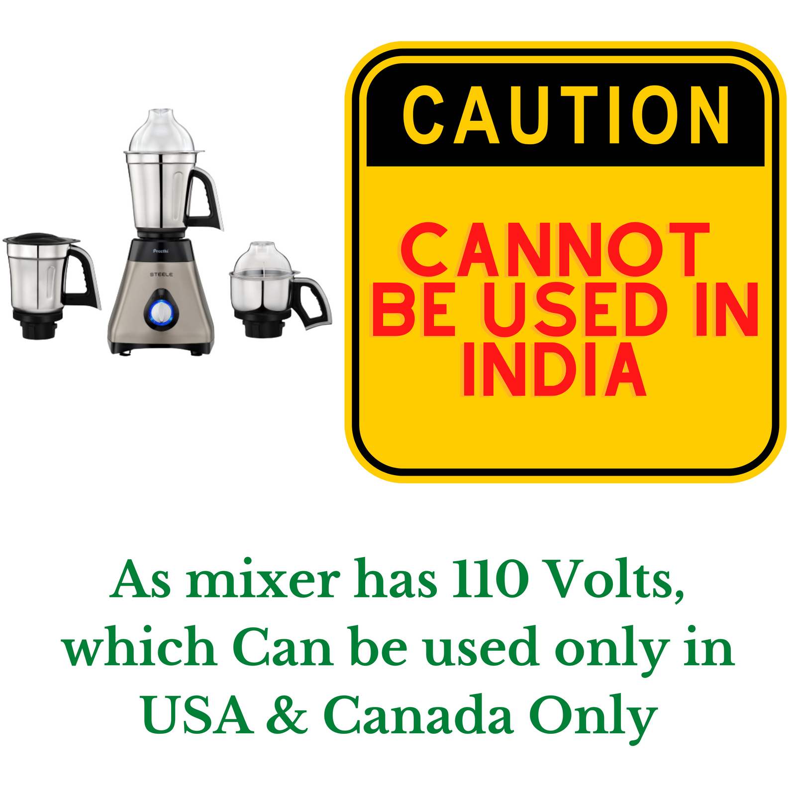 Preethi Steele MG 206 110V, 550-Watt Mixer Grinder with Masterchef Jar - 110 Volts EXCLUSIVELY for USA & Canada!