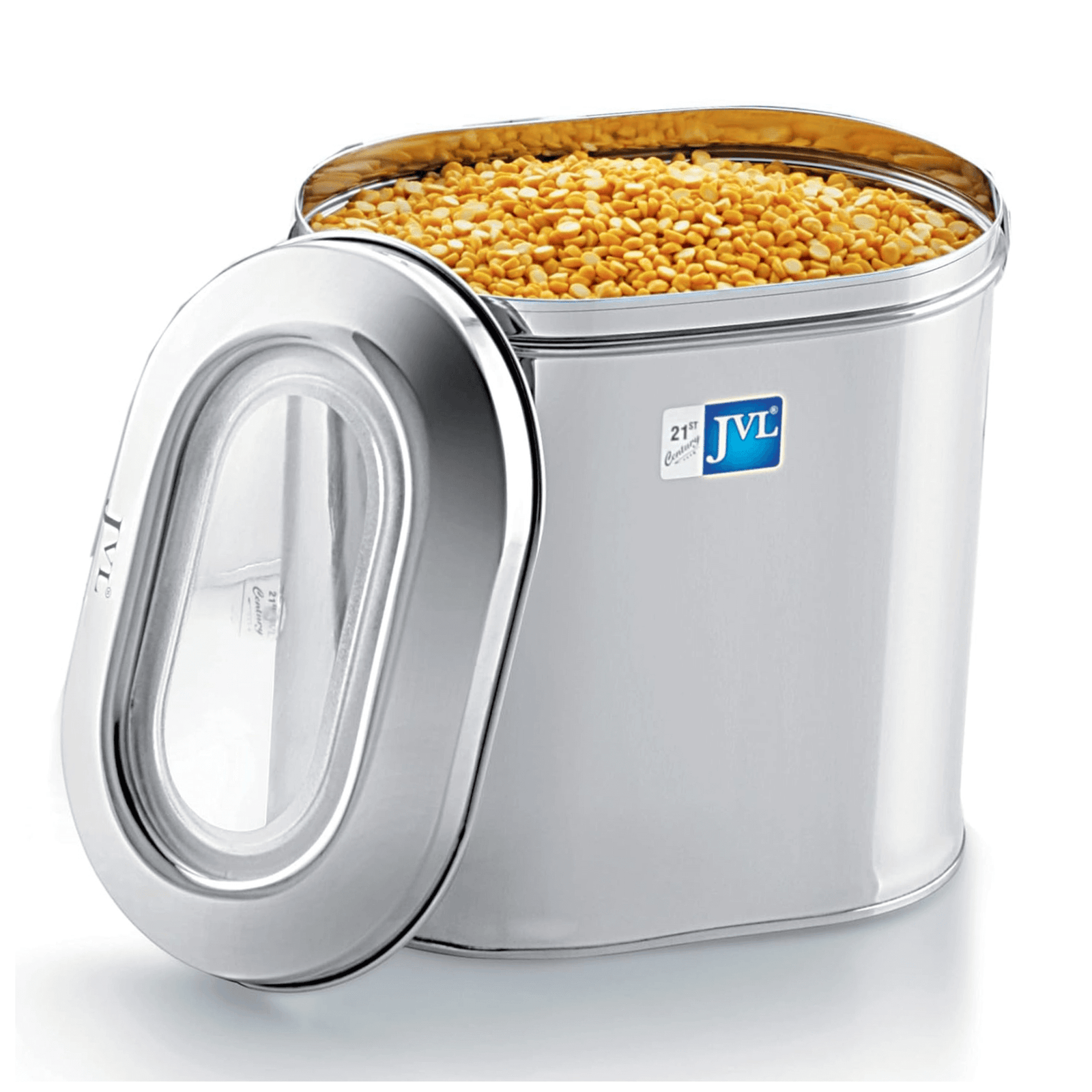 JVL stainless steel capsule tin food storage container with see-through lid and lentils inside.