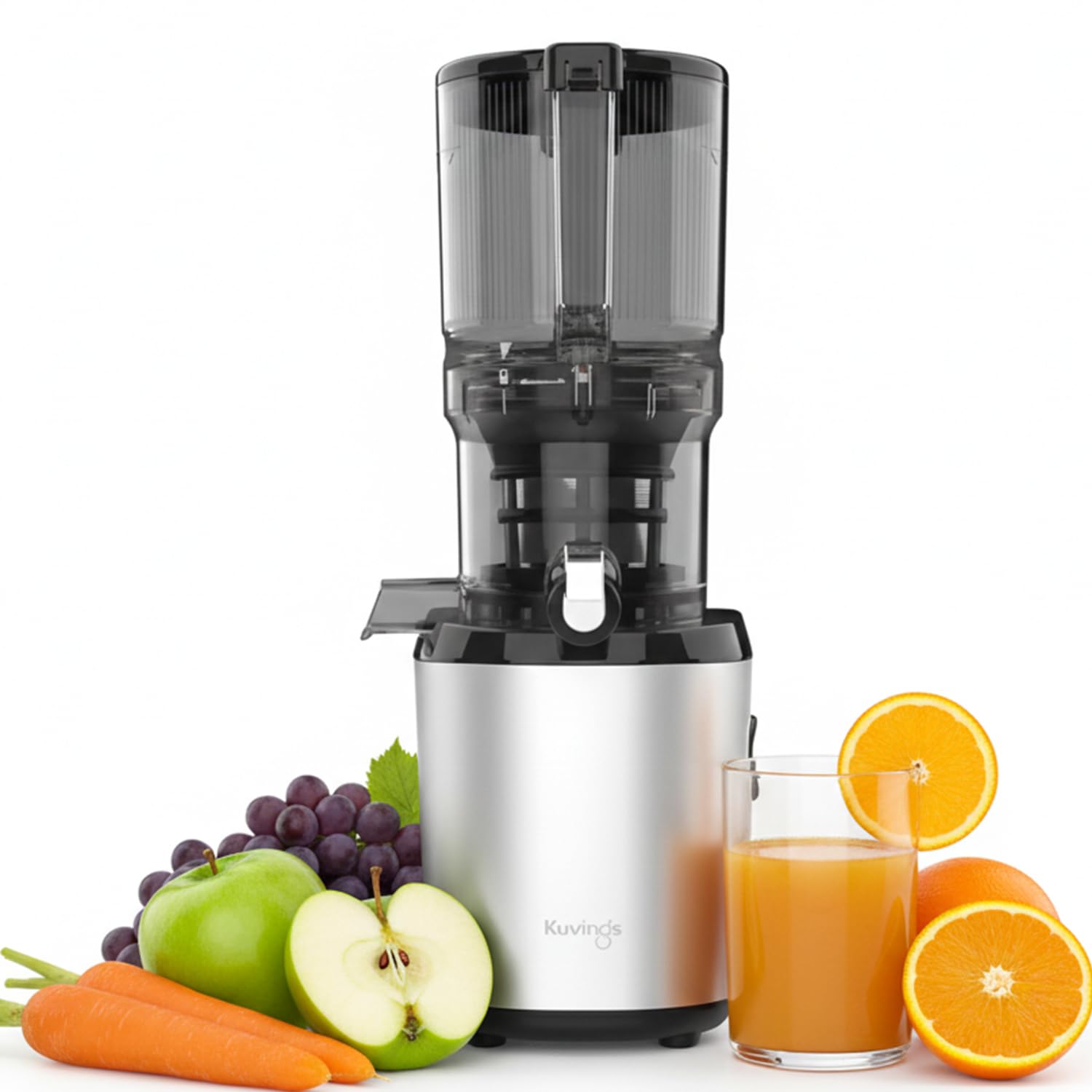 Kuvings AUTO6 hands-free juicer creating fresh green juice from leafy vegetables silver
