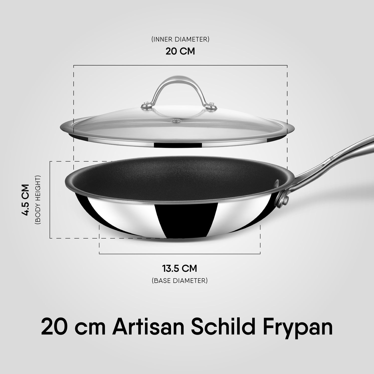 Stahl Artisan Schild Frypan 20 cm 1.3 litre dimensions with glass lid
