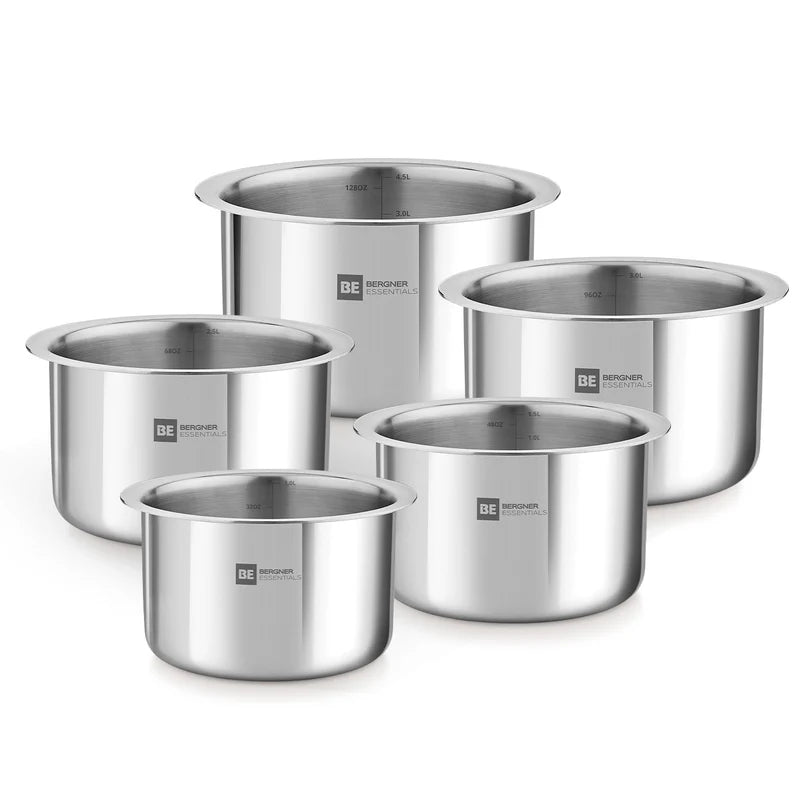 Premium triply construction tope set by Bergner showing five different capacity vessels for Indian cooking