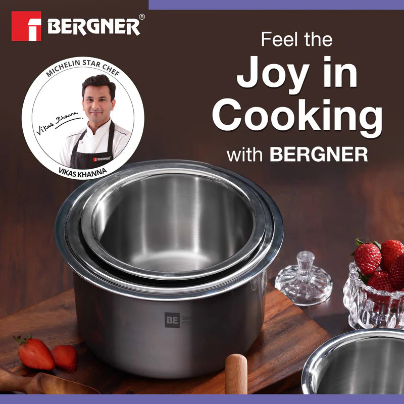 Complete Bergner BE Essentials tope set five pieces stainless steel cookware for Indian kitchen