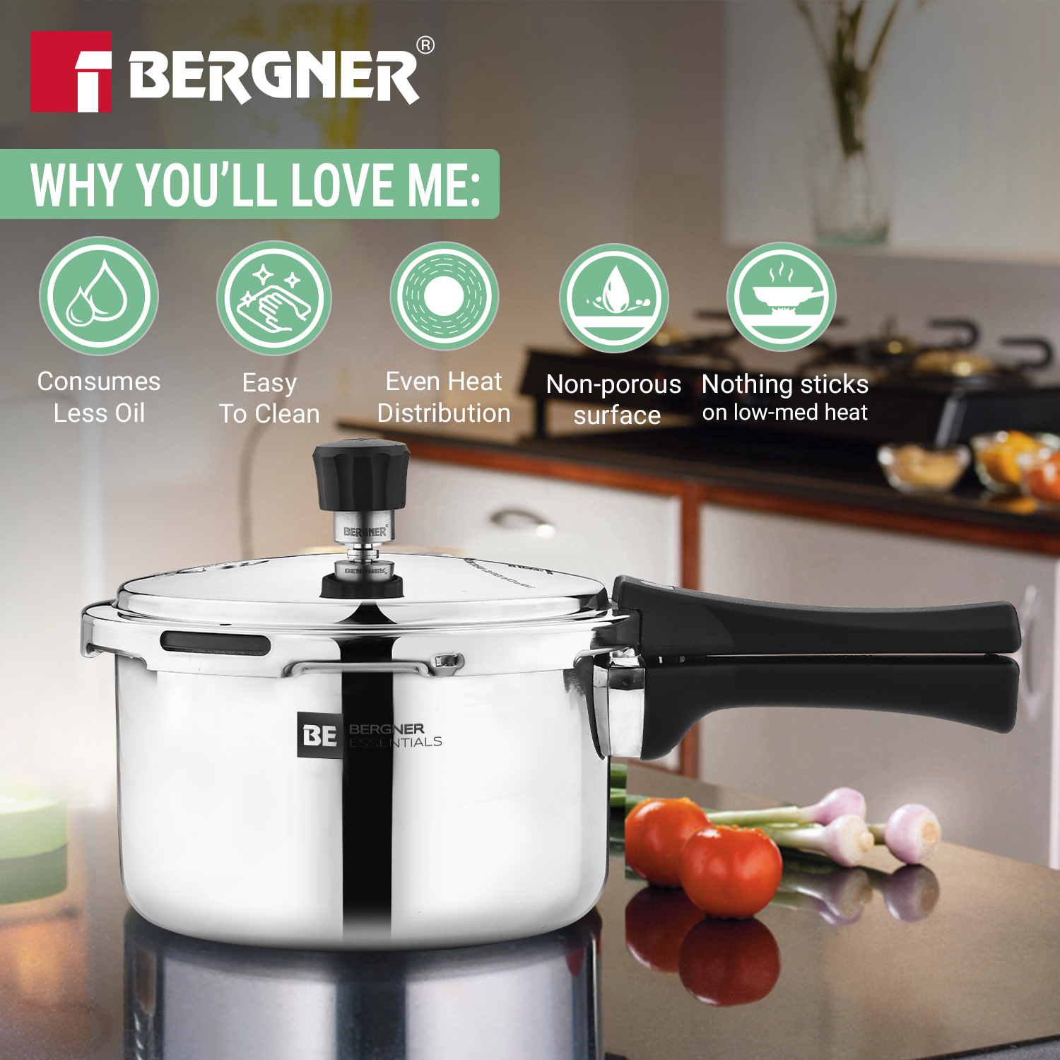 Bergner 3 litre inner-lid stainless steel pressure cooker from the 17 pcs set