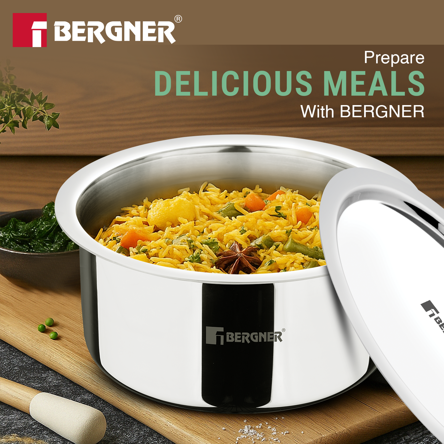 Bergner tri-ply stainless steel tope with lid serving vegetable pulao