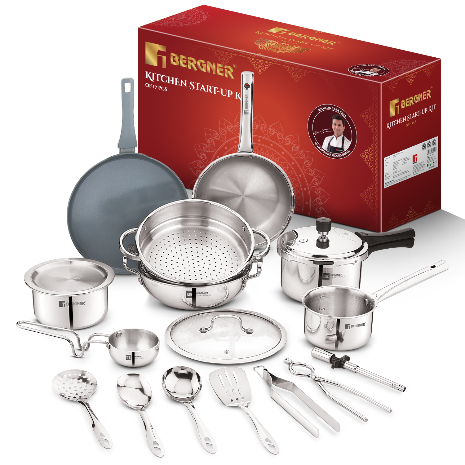 Bergner 17 Pcs Triply Marriage Set BGIN-6664 with gift box – kadai, steamer, 3L cooker, ceramic tawa and tools