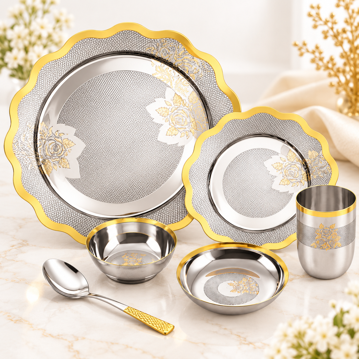 Mirror Regalia 42 pcs gold and silver steel dinner set for 6 – scalloped floral design