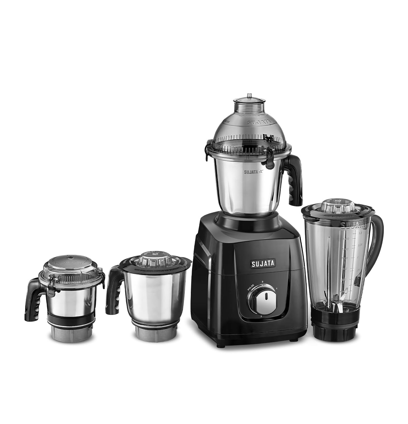 Sujata MG03 mixer grinder with black motor base and four stainless steel jars of varying sizes arranged in a product display