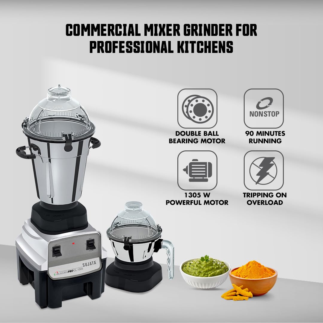 Sujata Magna Pro 1305W commercial mixer grinder with double ball bearing motor, 90 minutes continuous running and overload tripping protection