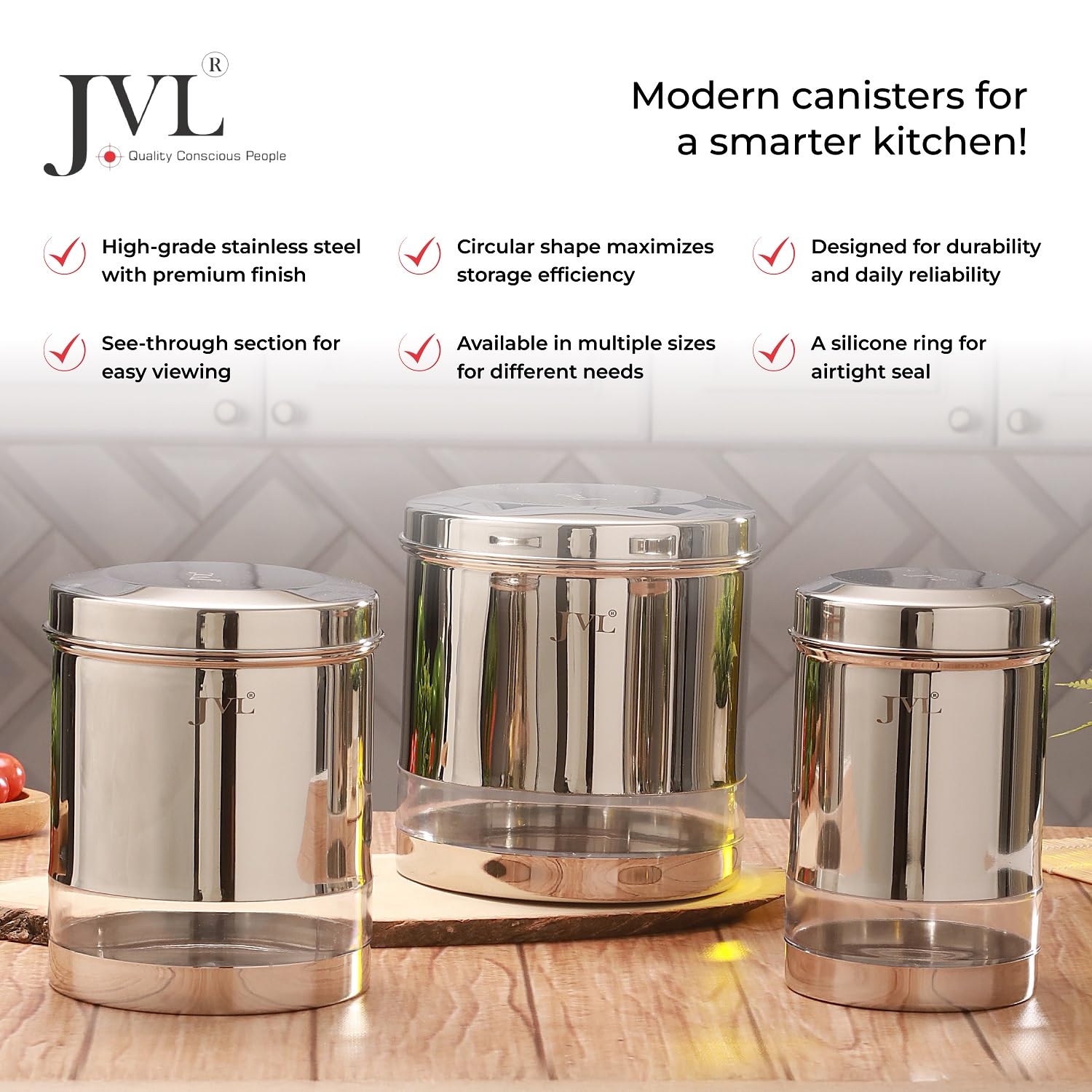 JVL stainless steel kitchen canister with clear viewing window mirror finish India