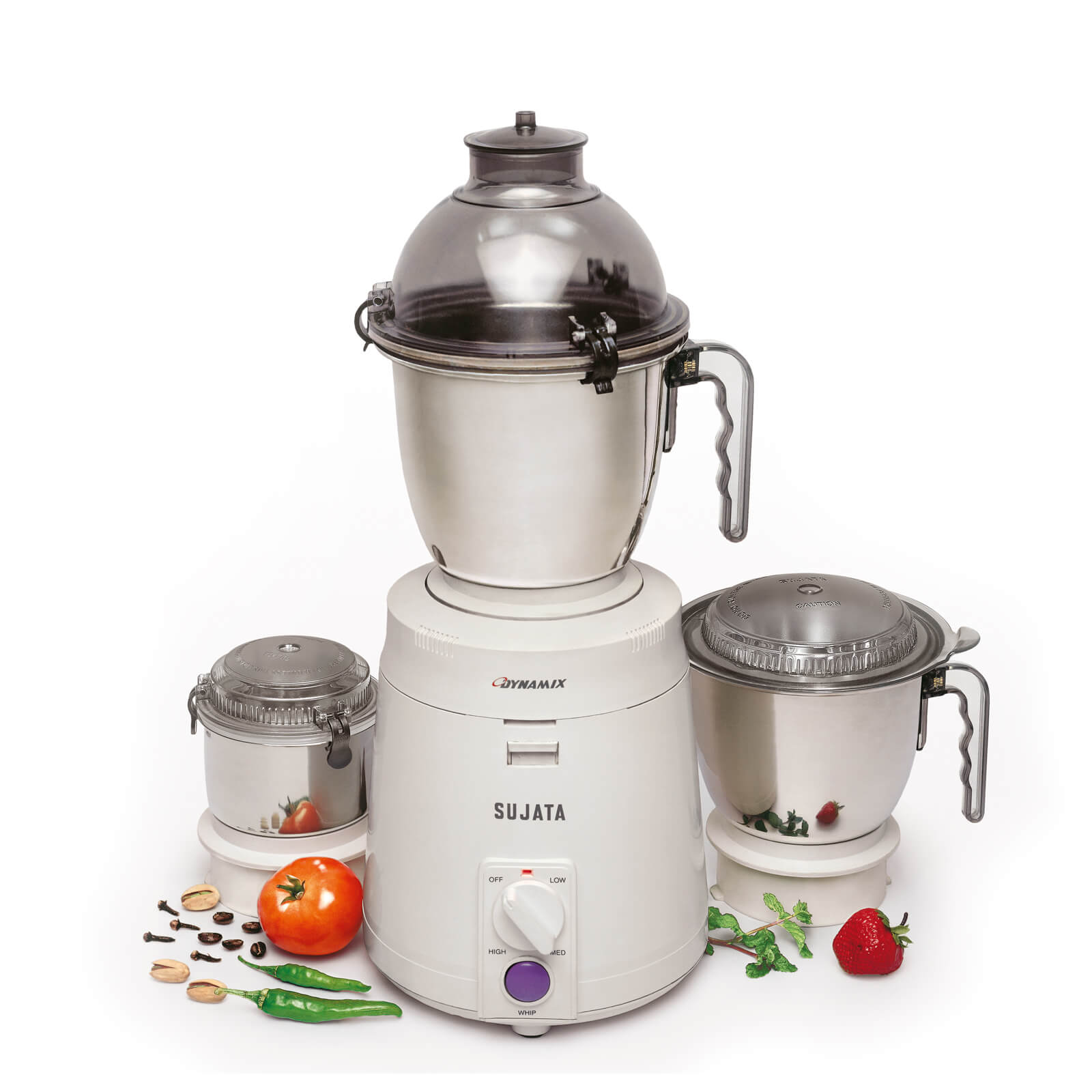 Sujata Dynamix DX 900W Mixer Grinder with three stainless steel jars for wet grinding, dry grinding and chutney making