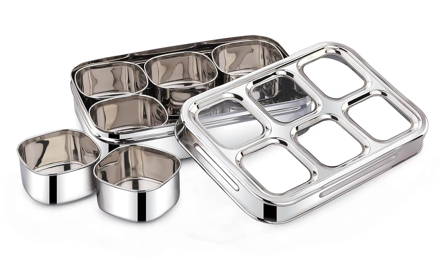 Premium Indian spice organizer box made of stainless steel with see-through lid