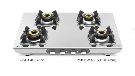 Sujata Sterno 4 Burner Stainless Steel Gas Stove โ 2 mm SS Body, SABAF Valve, 9 Year Warranty