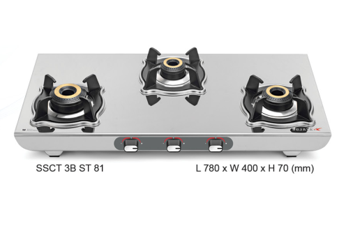 Sujata Sterno SSCT 3B ST 81 three burner stainless steel gas stove front view