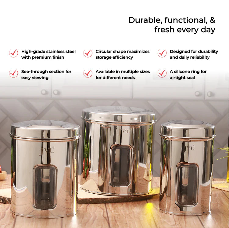 JVL Trendy Window Canister β Stainless Steel Airtight Storage Jar