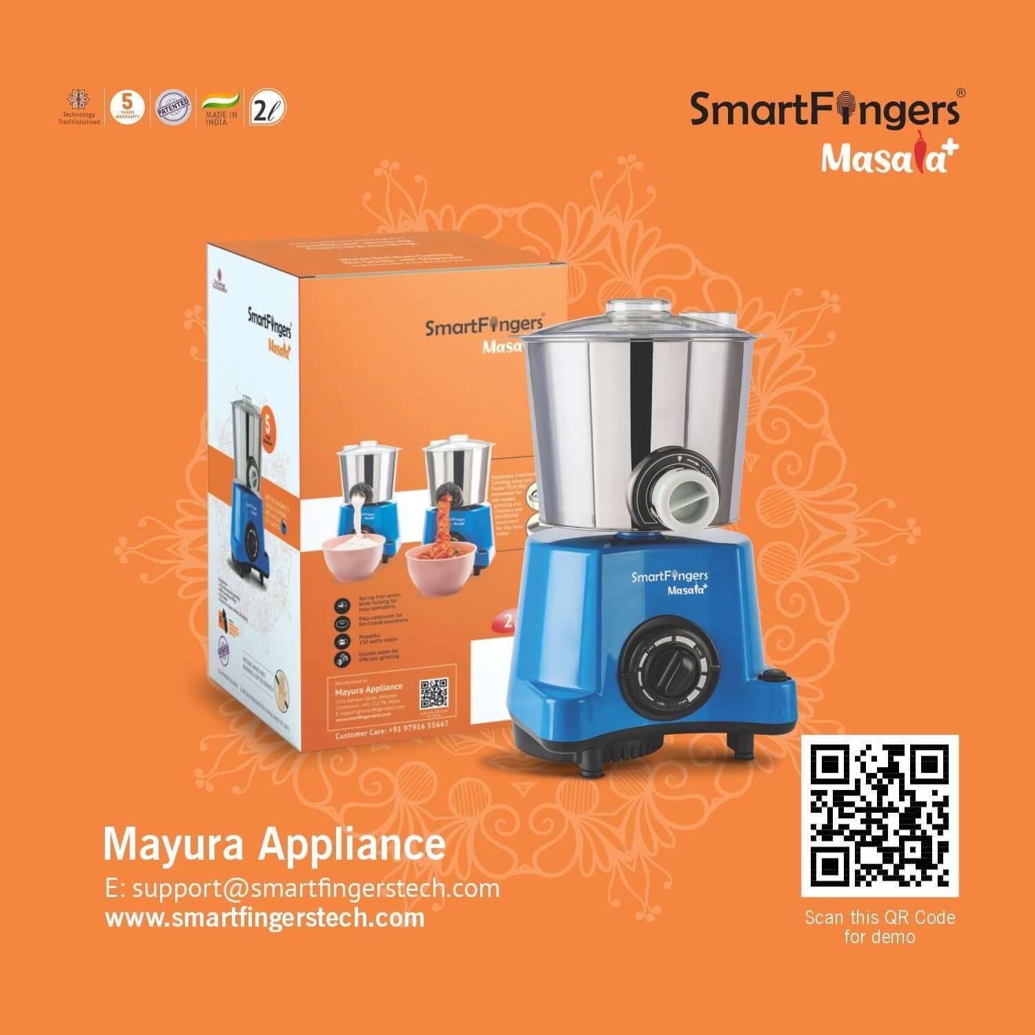 SmartFingers Masala Plus 2L Wet Grinder with Batter Dispenser with atta kneader & coconut scrapper