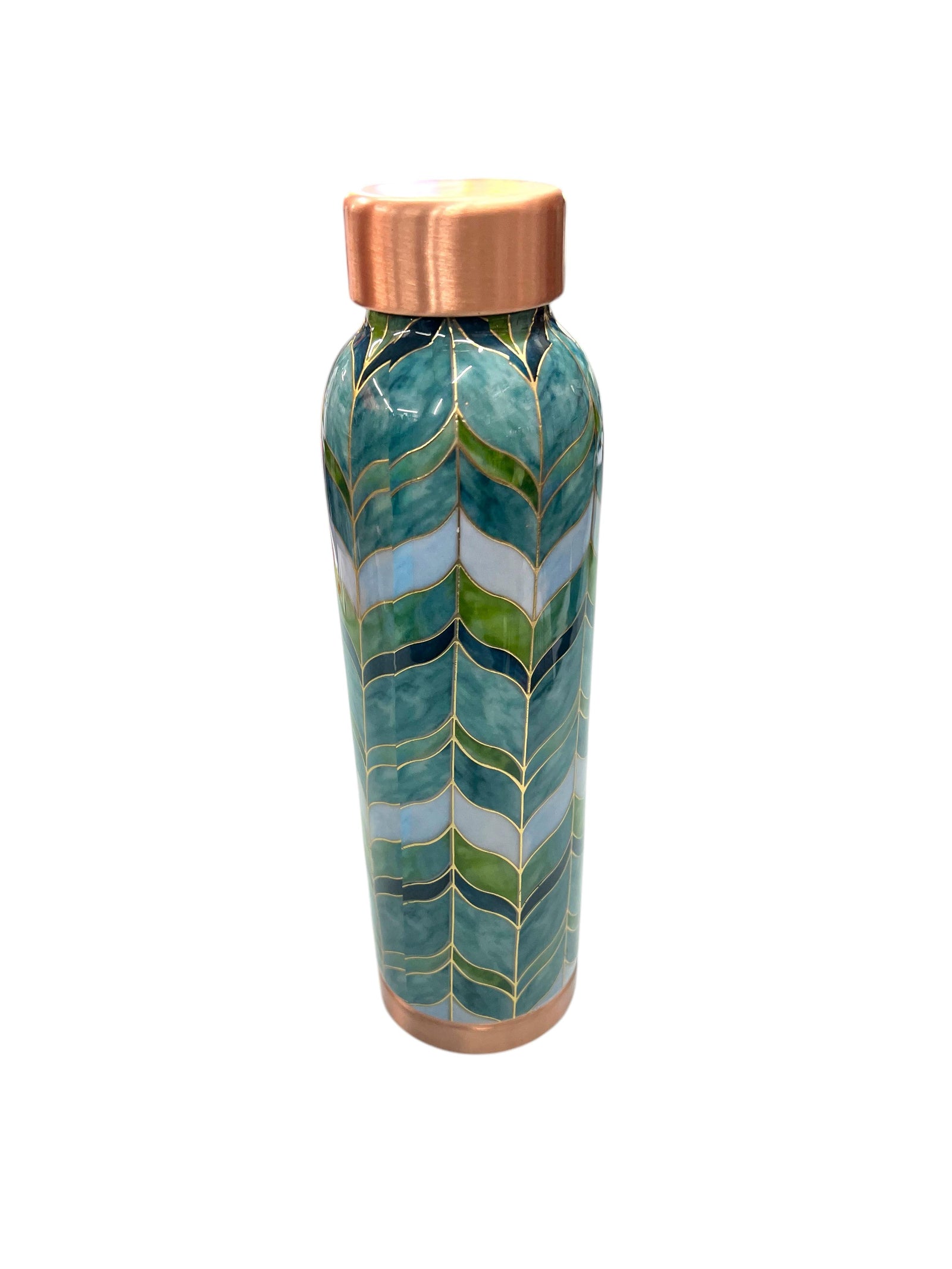 Attro handcrafted copper water bottle with green leaf pattern