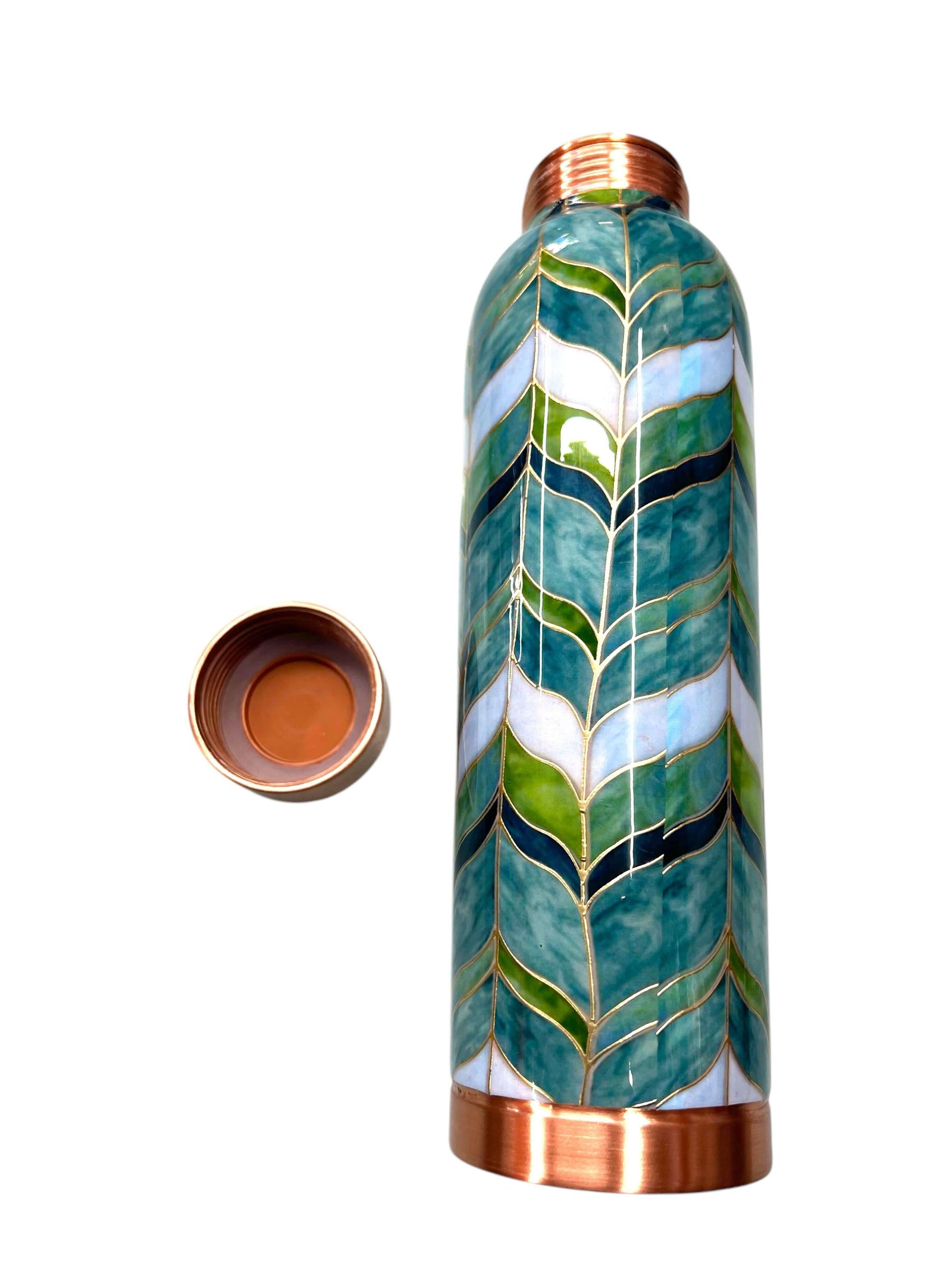 Leak-proof copper bottle with threaded cap and artistic green leaf design