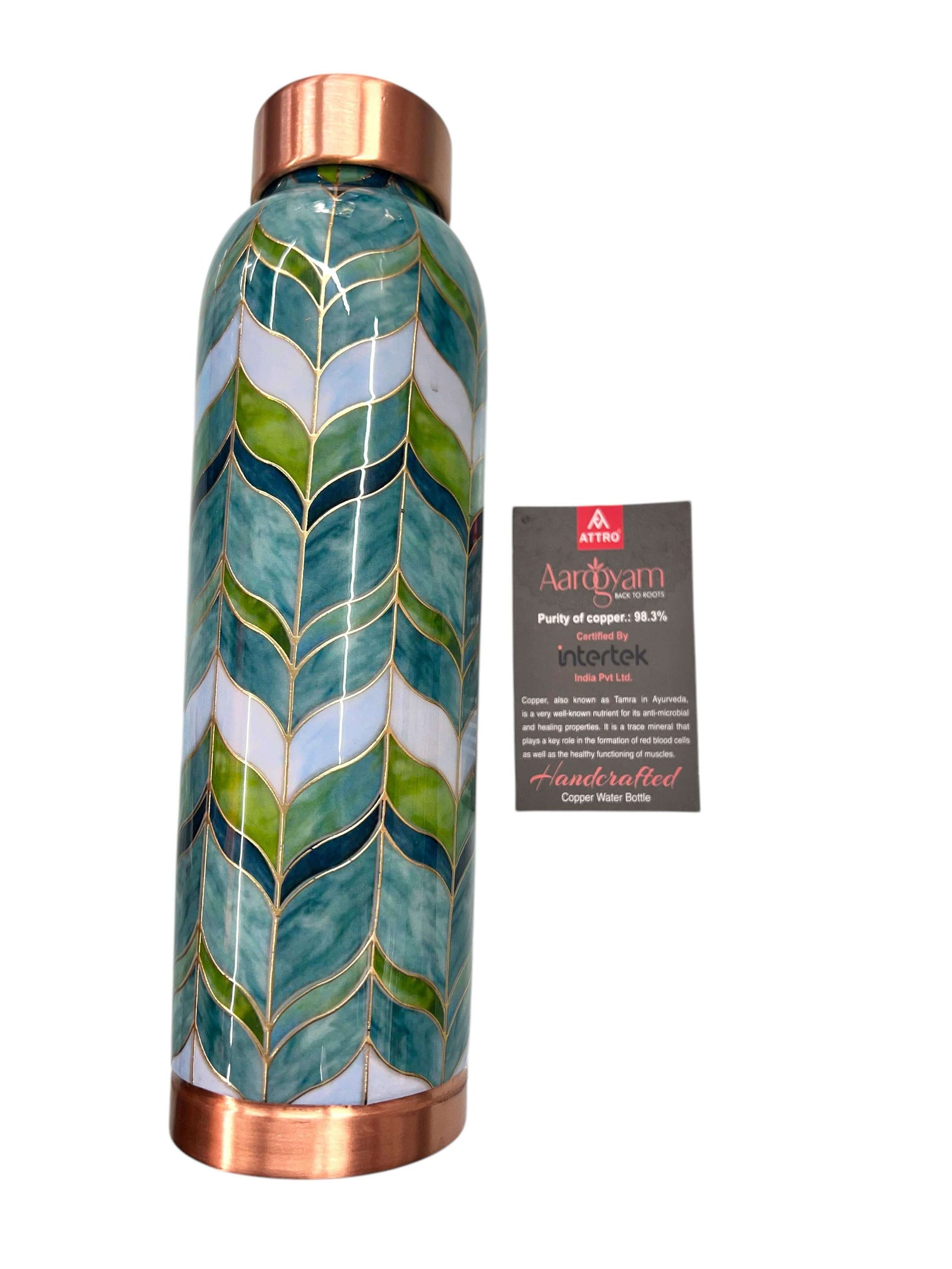 Ayurvedic copper water bottle with elegant green and teal leaf pattern