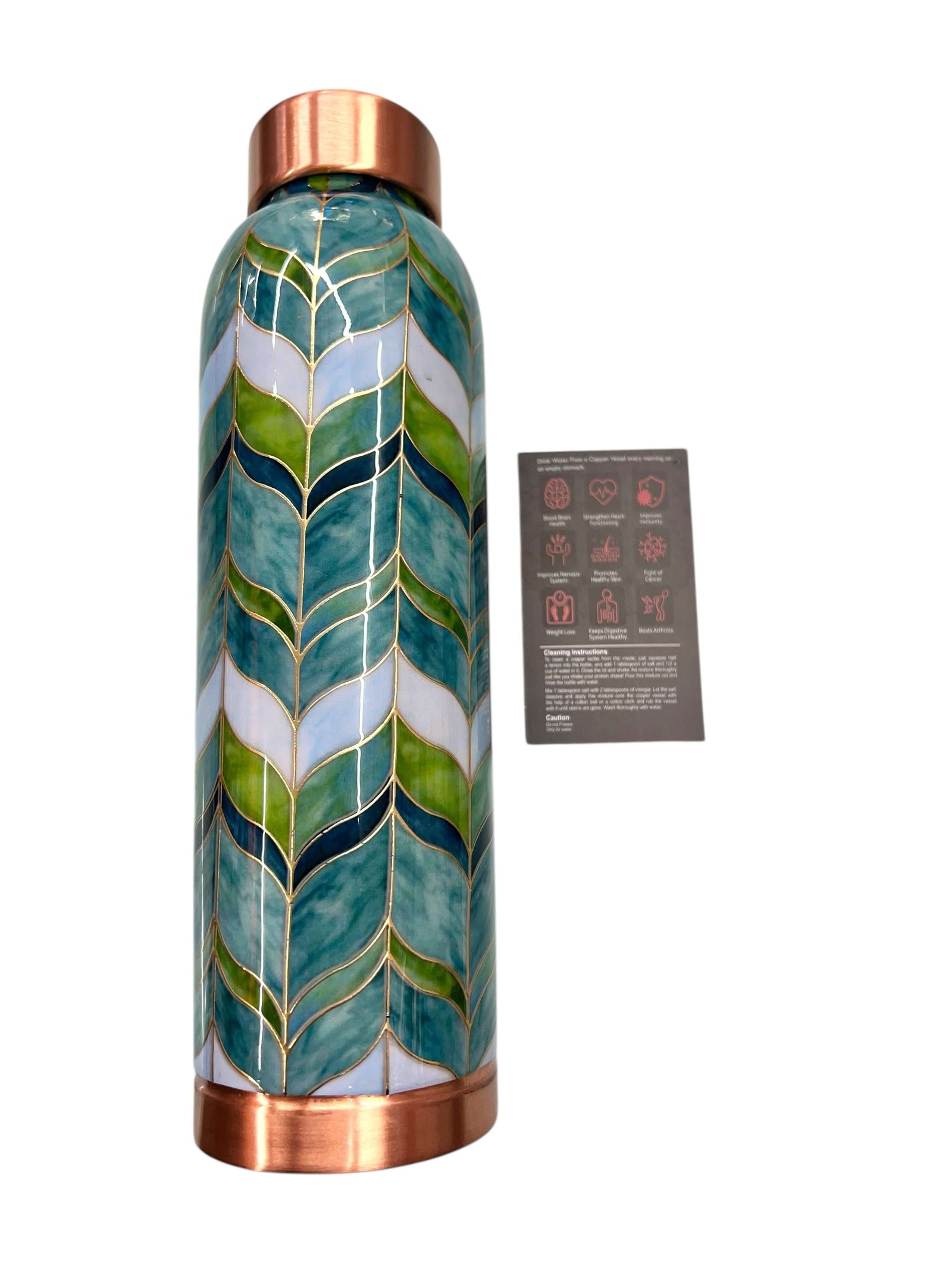 Attro handcrafted copper water bottle with green leaf pattern and gold inlay