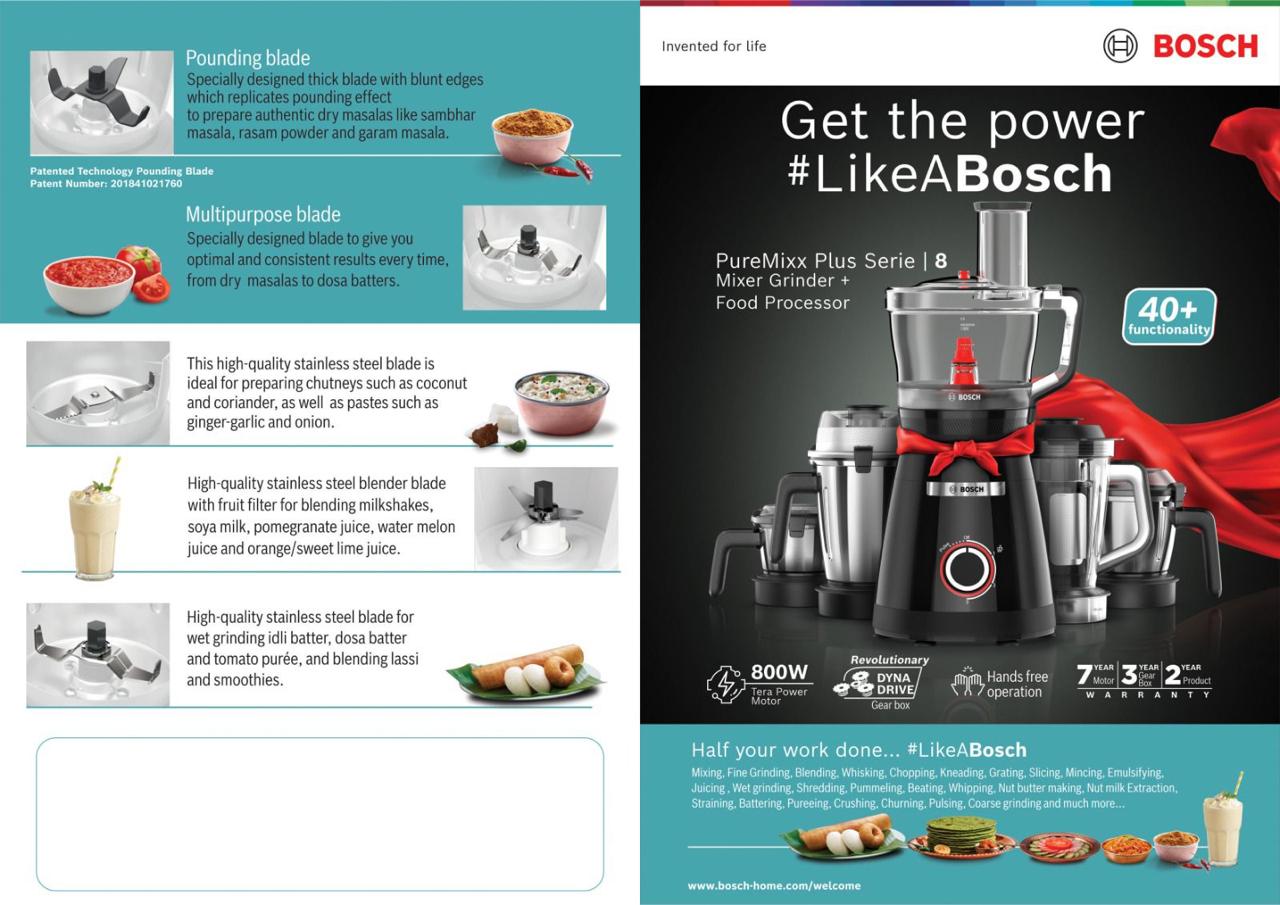 Bosch PureMixx Plus Serie 8 mixer grinder 800 watt motor DYNA DRIVE gearbox technology 40 functionalities