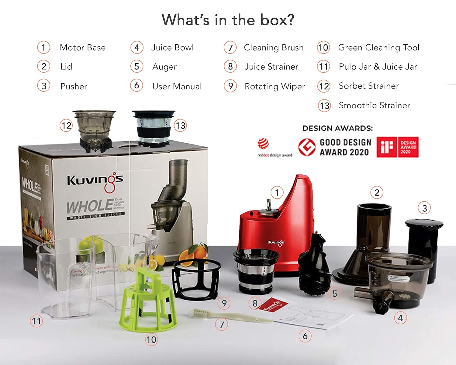 Kuvings B1700 Professional Cold Press Whole Slow Juicer with Smoothie & Sorbet Attachments Included
