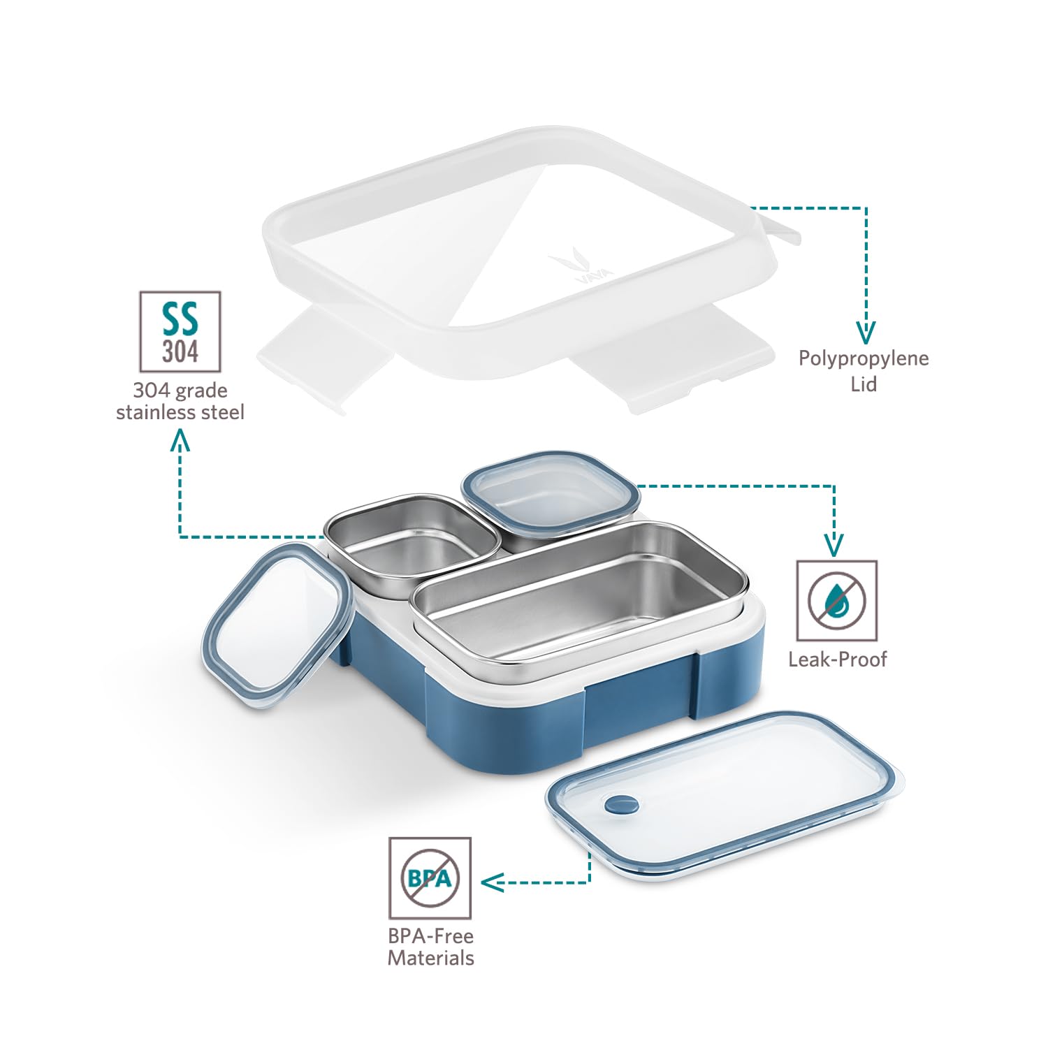 VAYA TYDBYT Stainless Steel Bento Lunch Box with 3 Leakproof Compartments – Perfect for Kids, Office & School