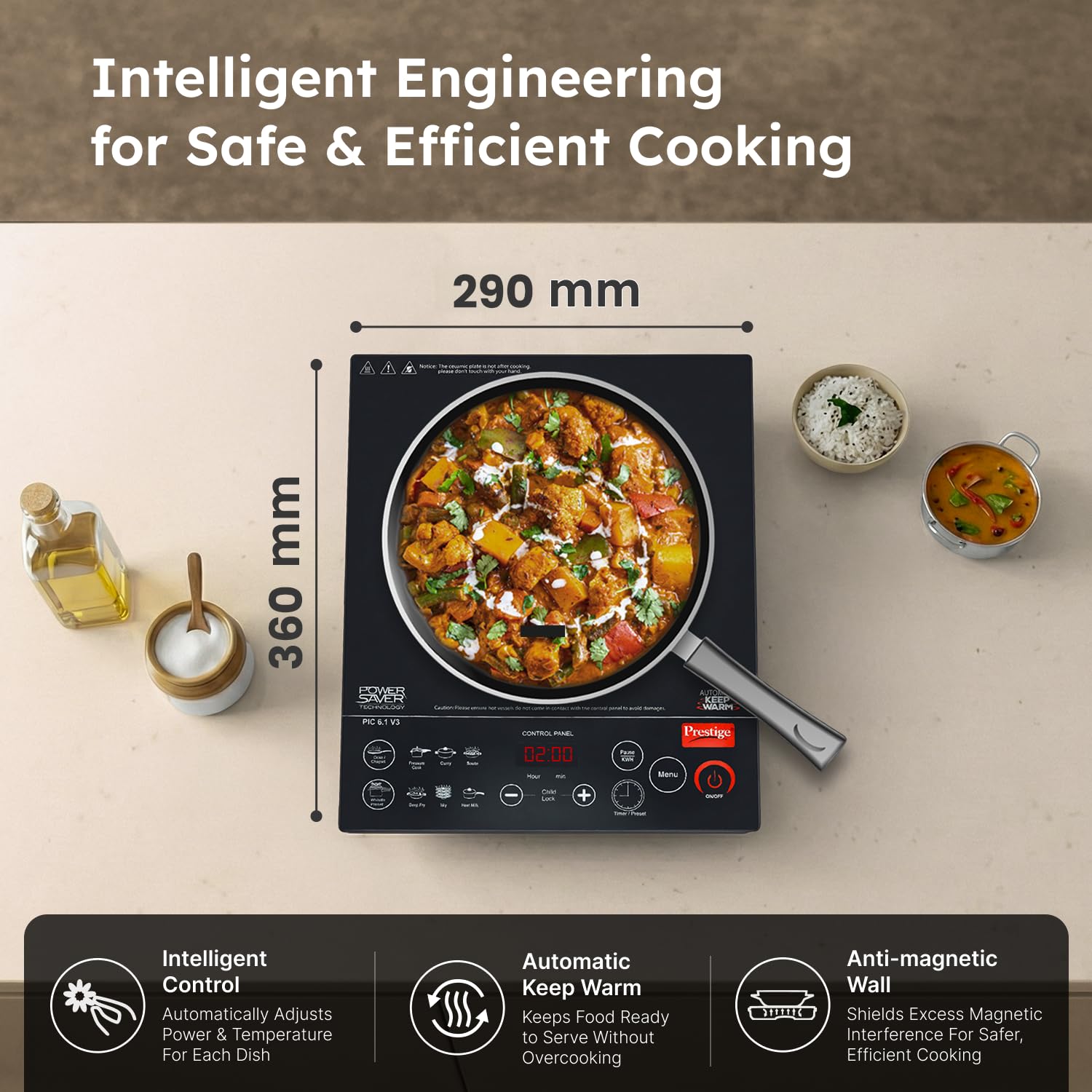 Prestige sleek black induction cooktop with anti-magnetic wall safety design