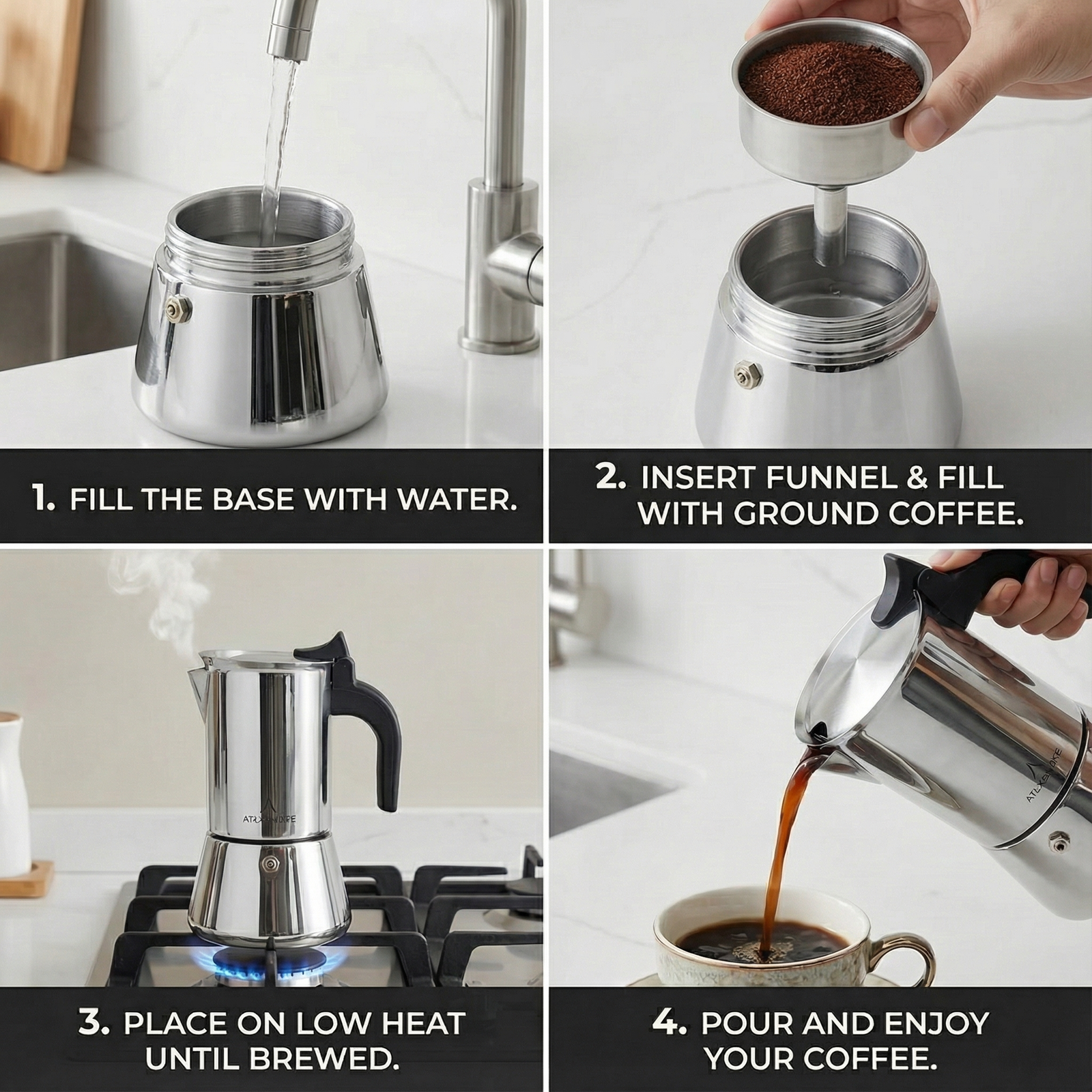 Step-by-step guide on making coffee using a stovetop espresso maker. atlasware coffee perculator