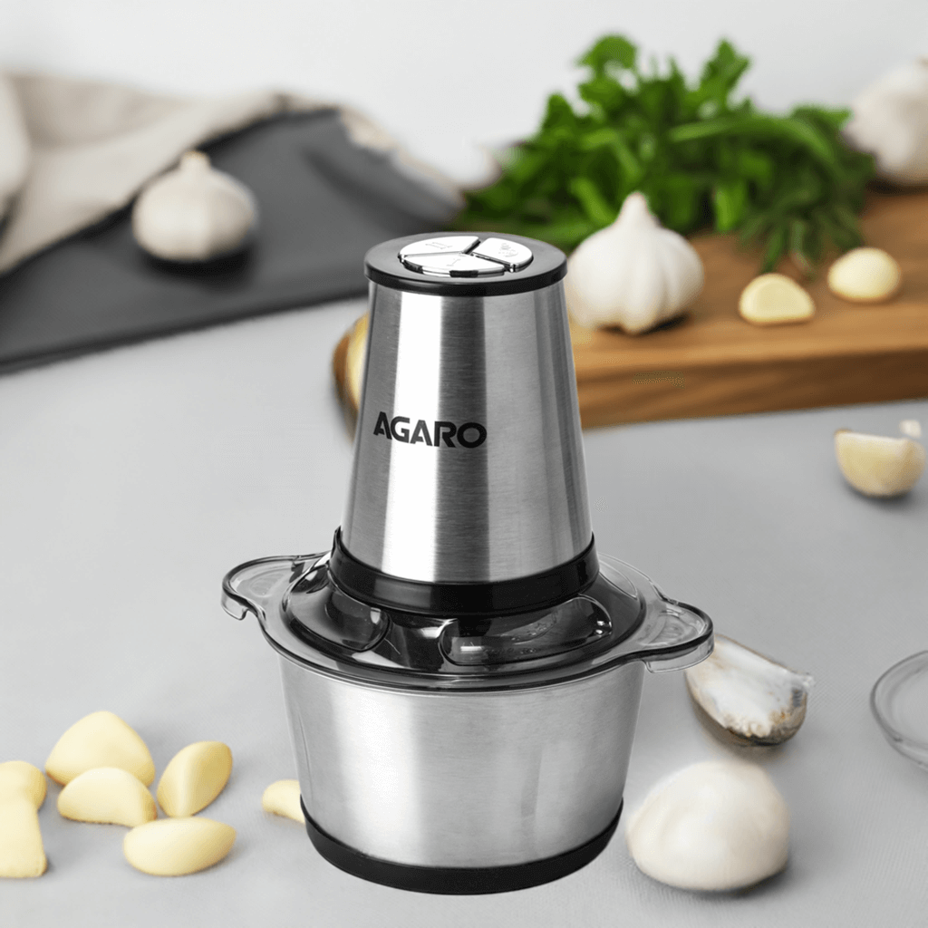 AGARO Delite Vegetable & Meat Chopper for Kitchen, Garlic Peeler, Egg Whisker, 2L Bowl, 400W Motor, 3 Speed Settings, Meat Grinder, Vegetable Mixer, Stainless Steel Body, Onion, Garlic, Fruits.