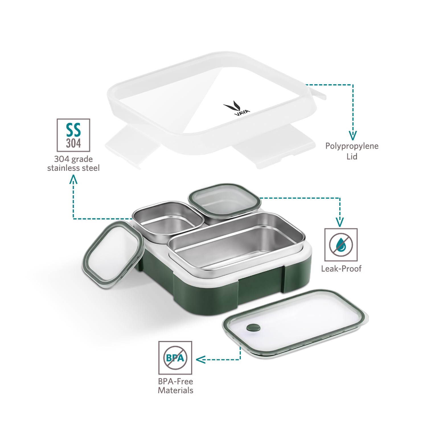 VAYA TYDBYT Stainless Steel Bento Lunch Box with 3 Leakproof Compartments – Perfect for Kids, Office & School