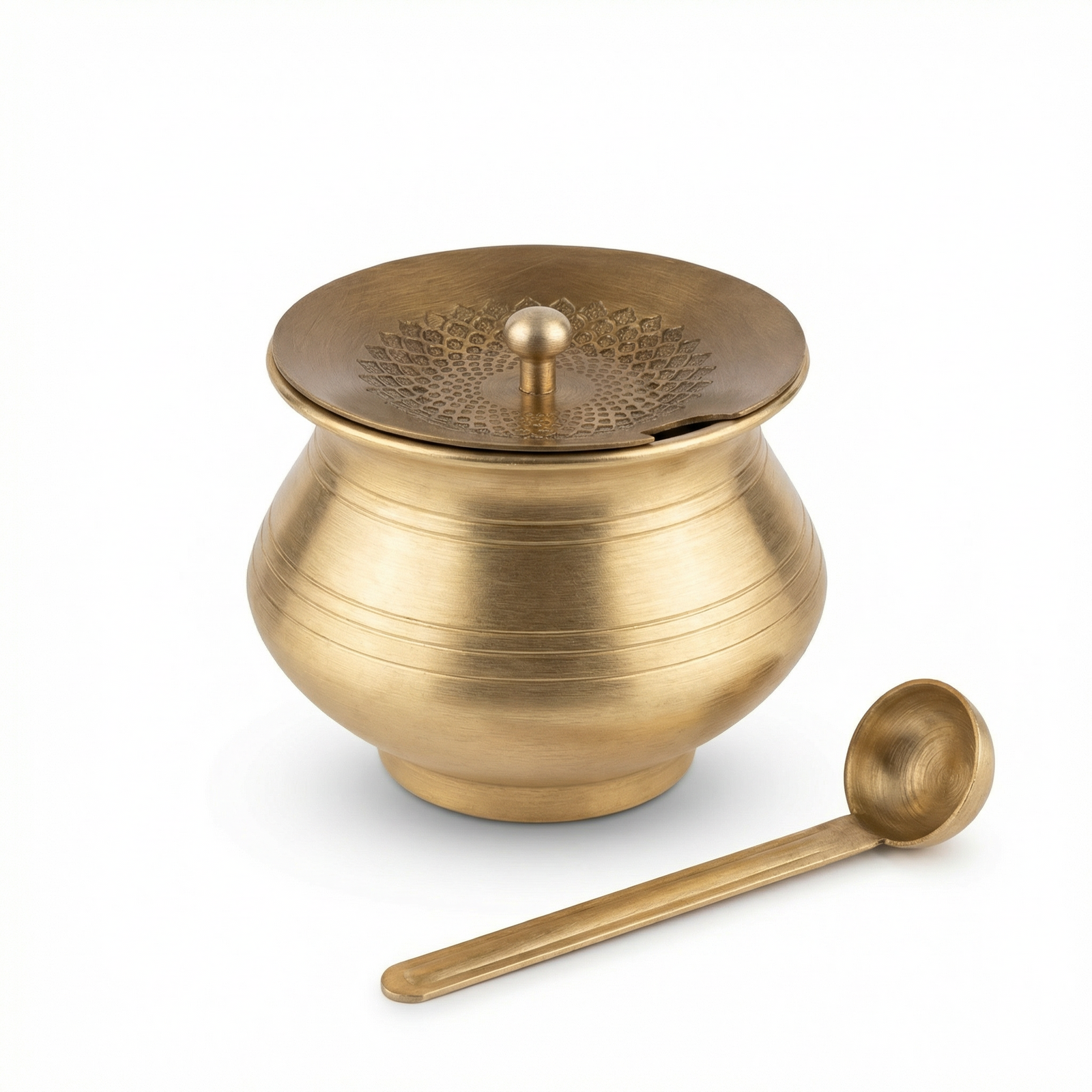 Brass ghee pot with round knob lid and serving spoon from Kitchen Mart India