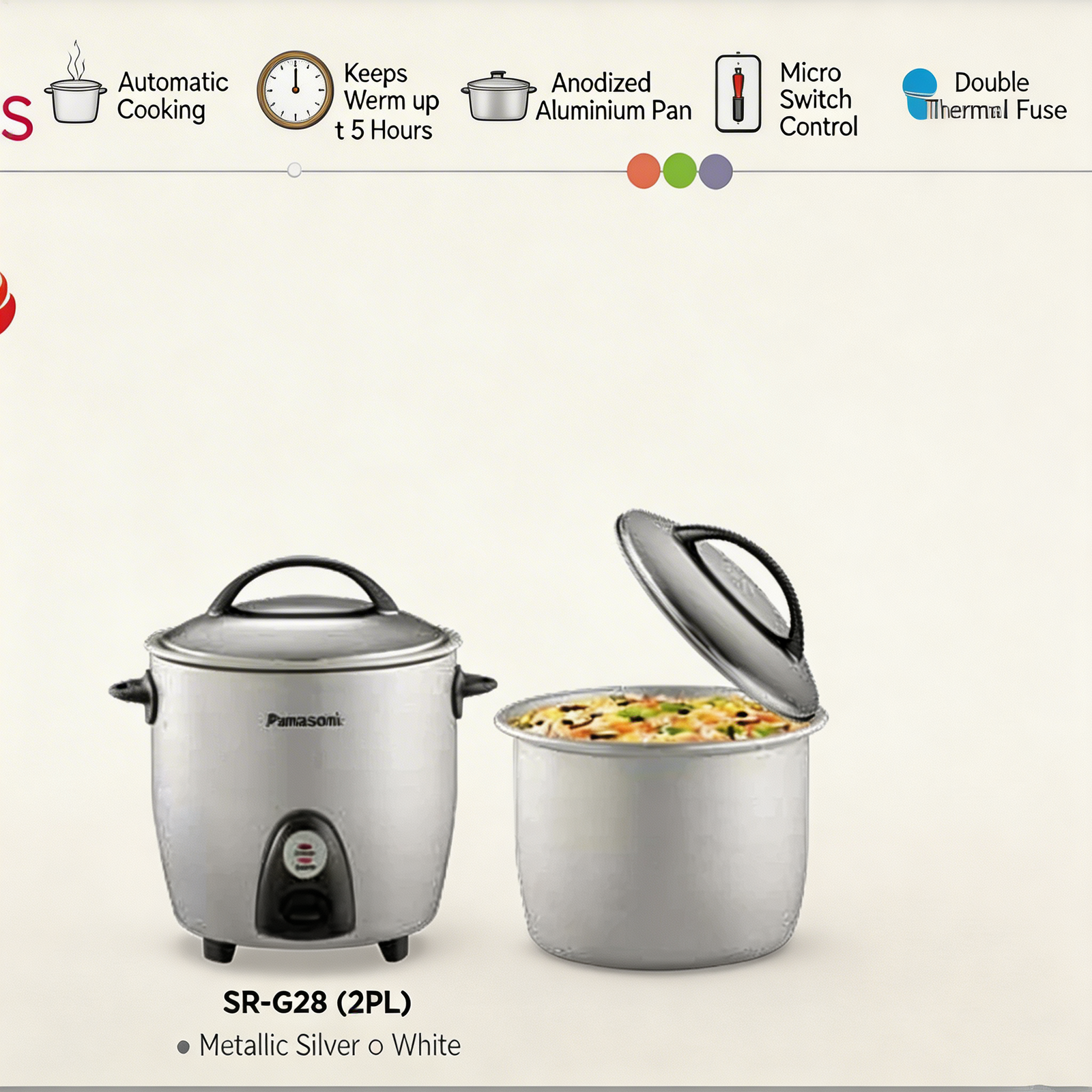 Panasonic double pan rice cooker SR-G28 2PL 790 watts with keep warm function and PCB switch panel