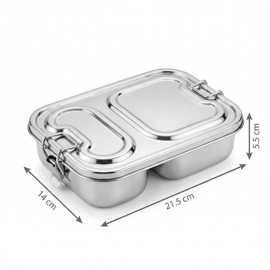 BPA free SS 304 stainless steel meal prep container with 4 side clip locks for Indian curries and gravies with dimensions