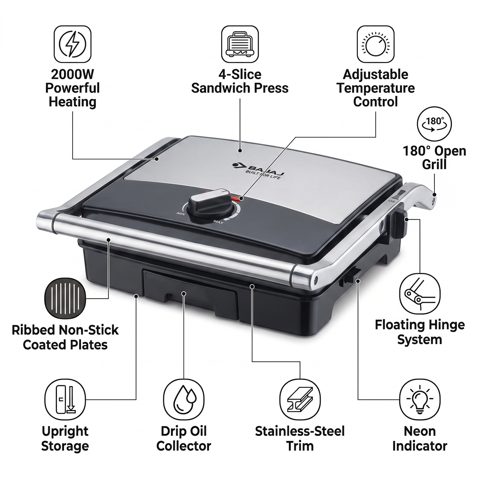 Bajaj 4 Grill Ultra grill toaster opened to 180 degrees showing both non-stick coated grill plates